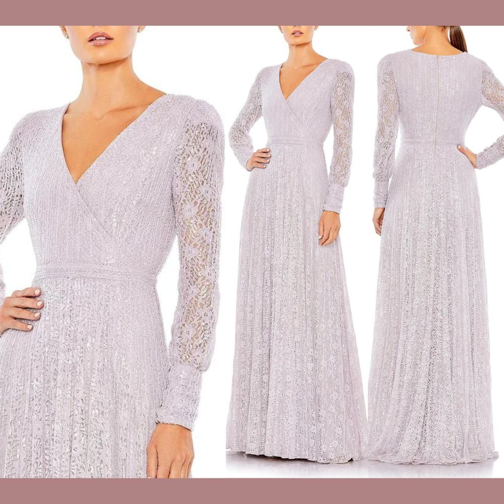 NWT $798 Mac Duggal [ 6 ] Beaded Lace Long Sleeve Wrap Over Gown Lavender #S1137